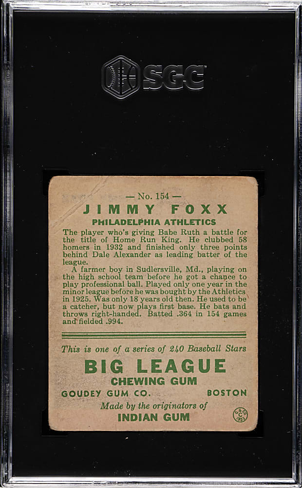 1933 R319 Goudey #29 Jimmie Foxx SGC GOOD 2