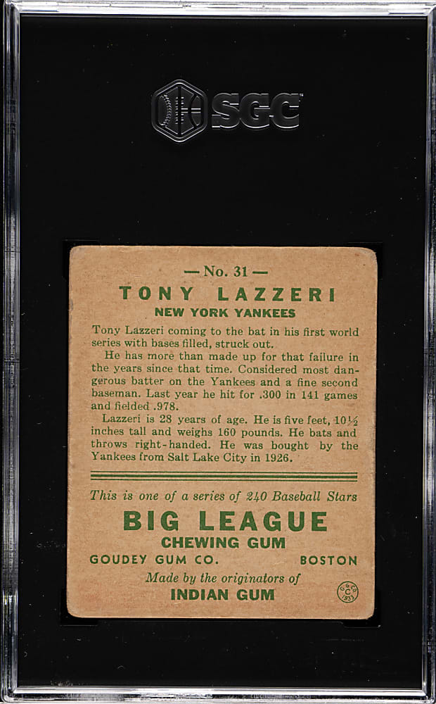 1933 R319 Goudey #31 Tony Lazzeri SGC VG 3