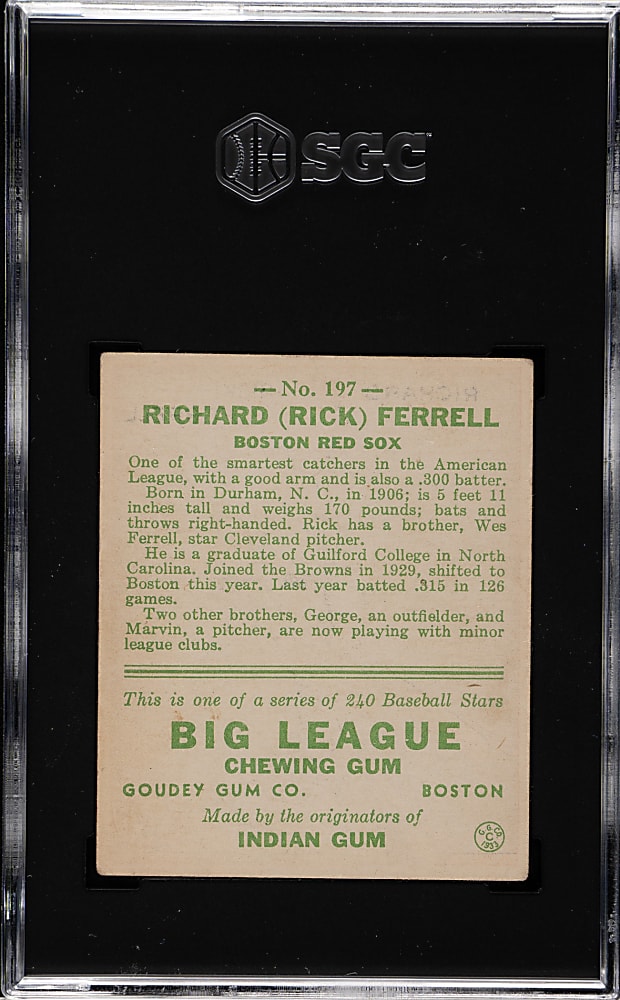 1933 R319 Goudey #197 Rick Ferrell SGC VG/EX 4