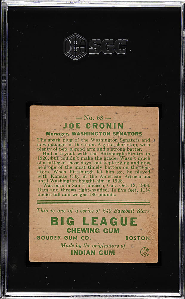 1933 R319 Goudey #63 Joe Cronin SGC VG/EX 4