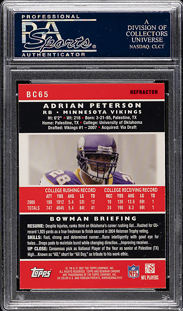 2007 Bowman Chrome Football #BC65 Adrian Peterson Rookie Refractor PSA GEM MINT 10
