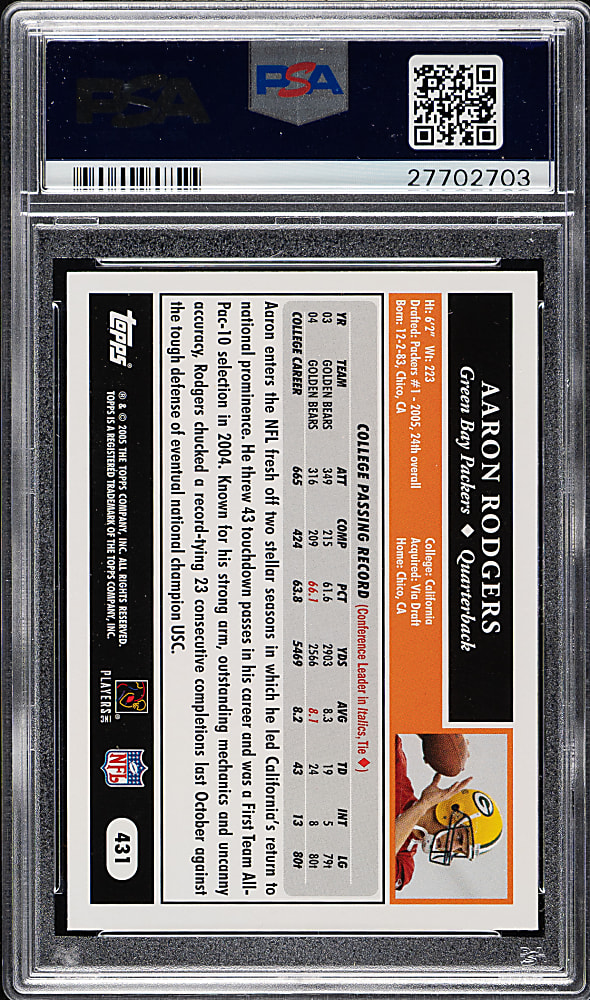 2005 Topps Football #431 Aaron Rodgers Rookie PSA GEM MINT 10