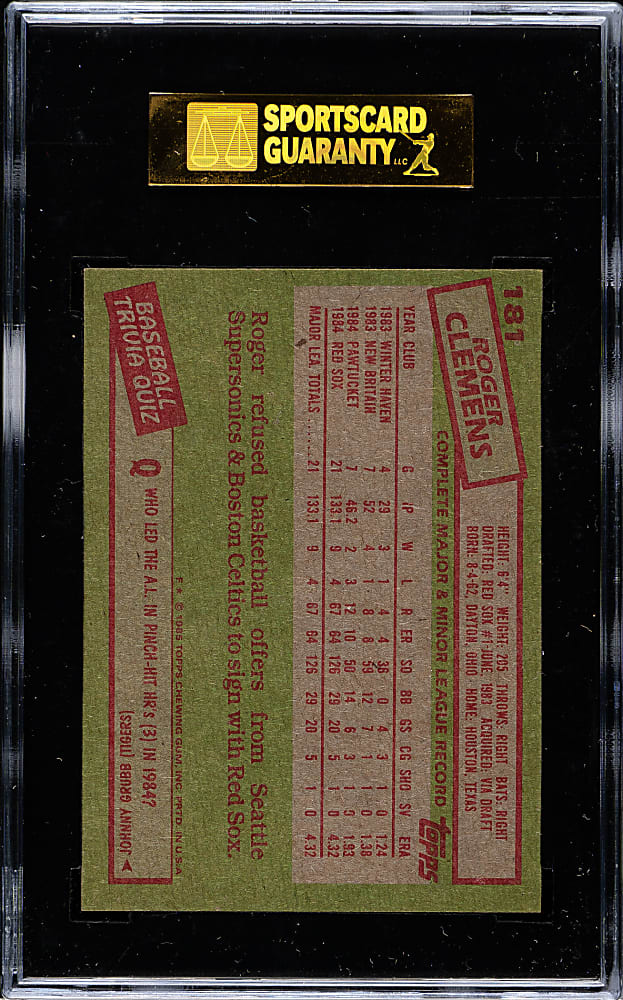 1985 Topps #181 Roger Clemens Rookie SGC GEM MINT 96