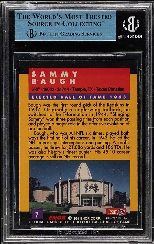 Signed 1991 Enor Pro Football Hall of Fame #7 Sammy Baugh - Beckett/JSA