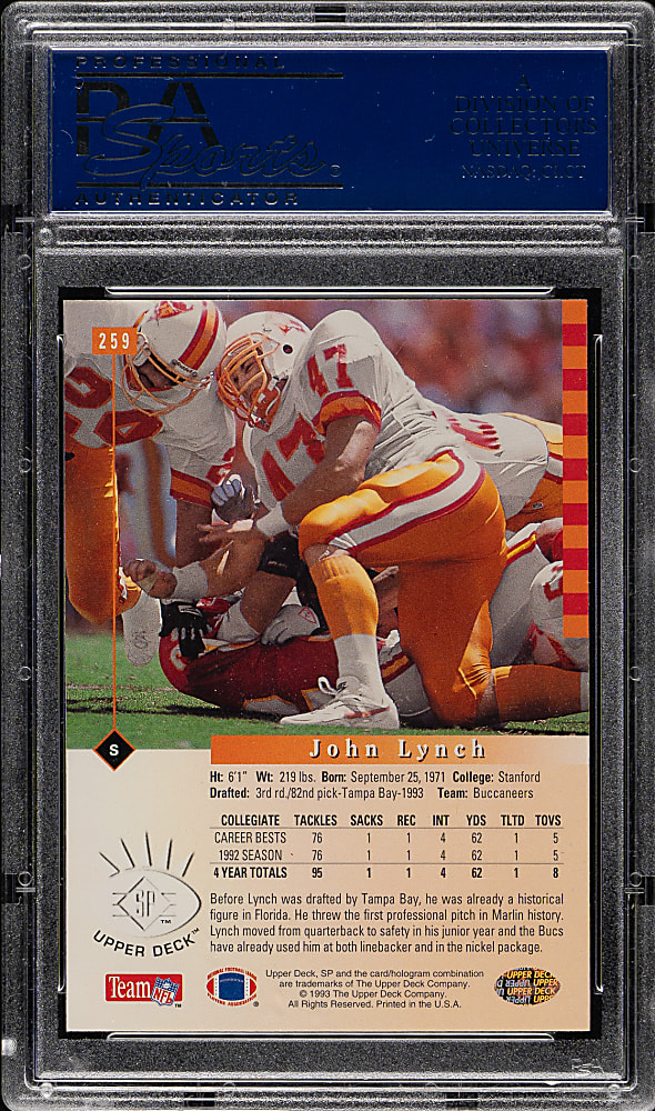 1993 Upper Deck SP Football #259 John Lynch Rookie PSA GEM MINT 10