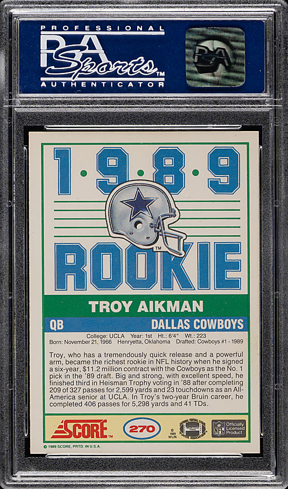 1989 Score Football #270 Troy Aikman Rookie PSA NM-MT 8