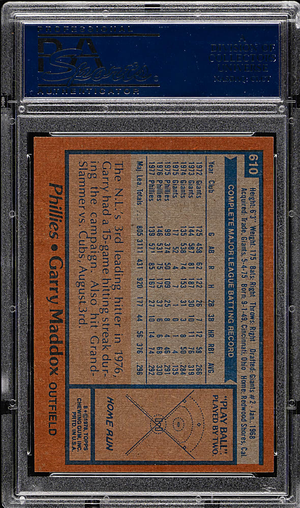 1978 Topps #610 Garry Maddox PSA GEM MINT 10