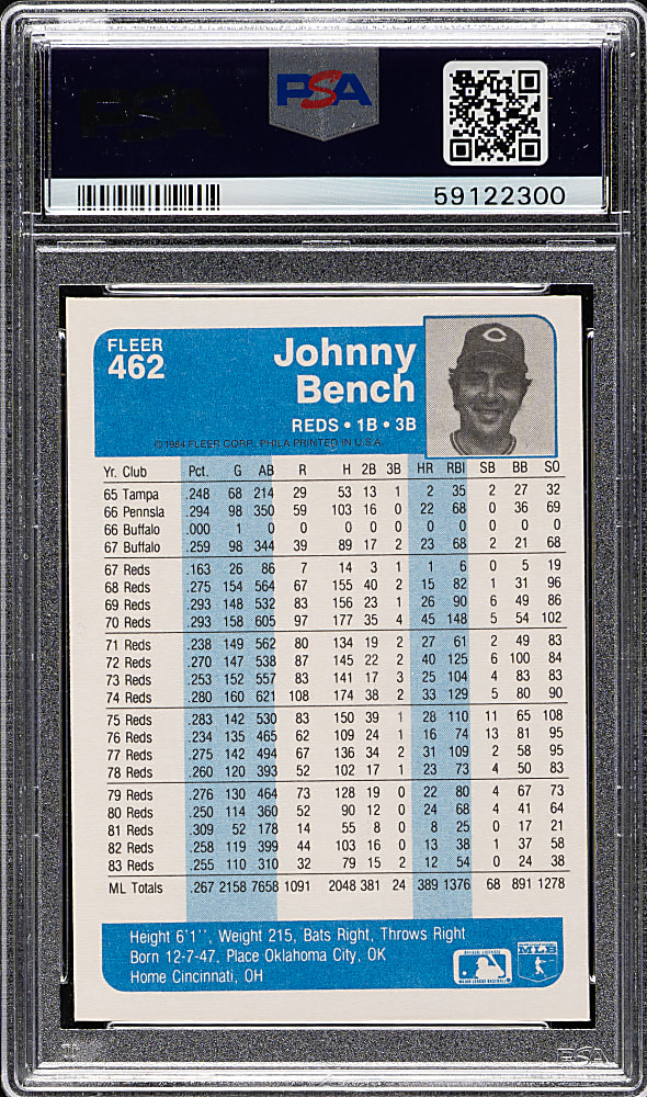 1984 Fleer #462 Johnny Bench PSA GEM MINT 10