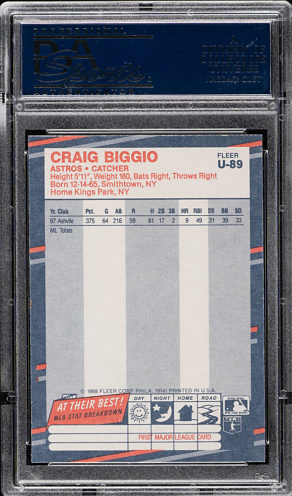1988 Fleer Update #U-89 Craig Biggio Rookie PSA GEM MINT 10