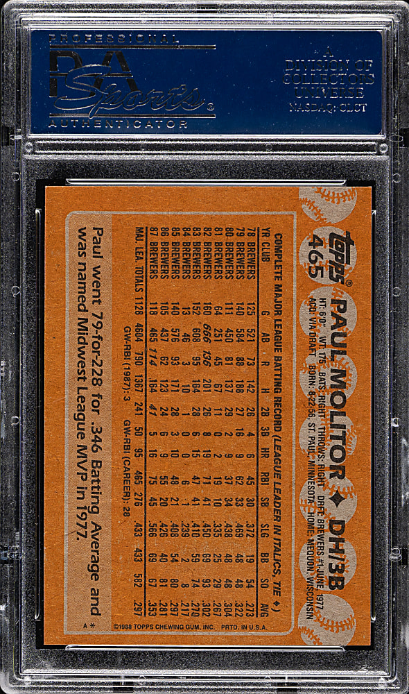 1988 Topps #465 Paul Molitor PSA GEM MINT 10