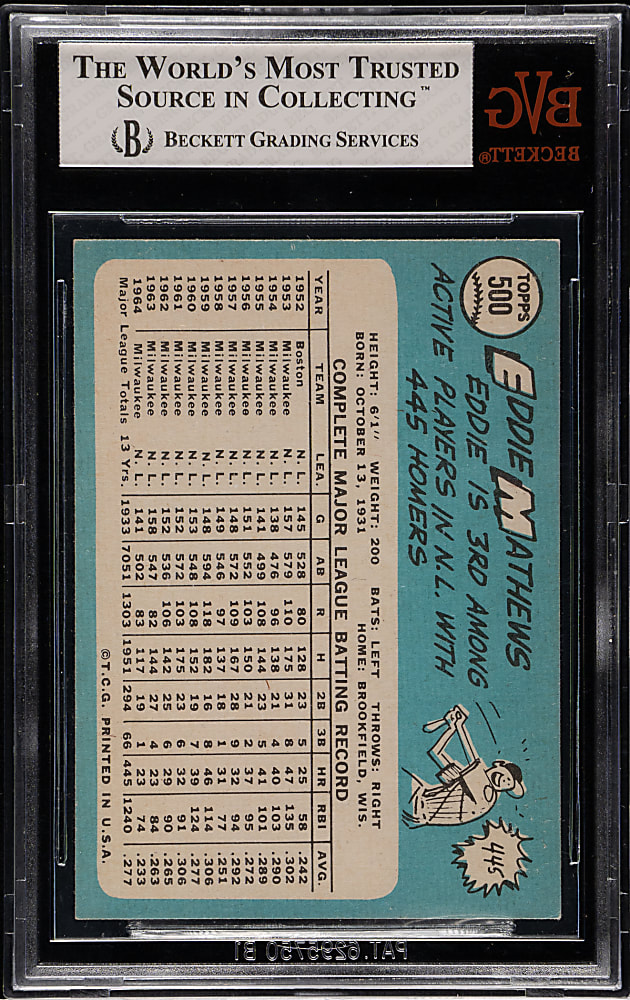 1965 Topps #500 Eddie Mathews BVG EX+ 5.5