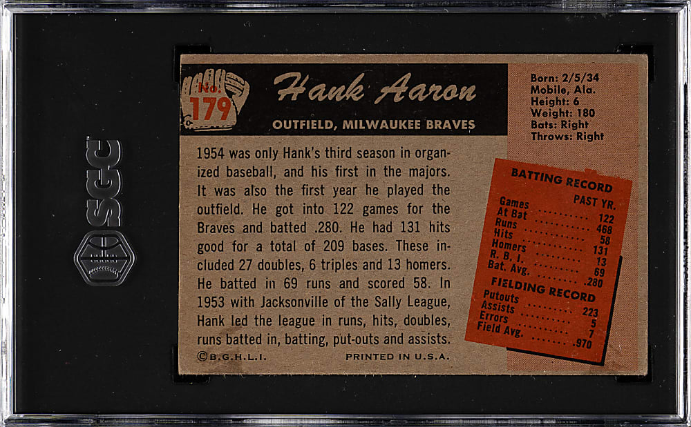 1955 Bowman #179 Hank Aaron SGC Authentic