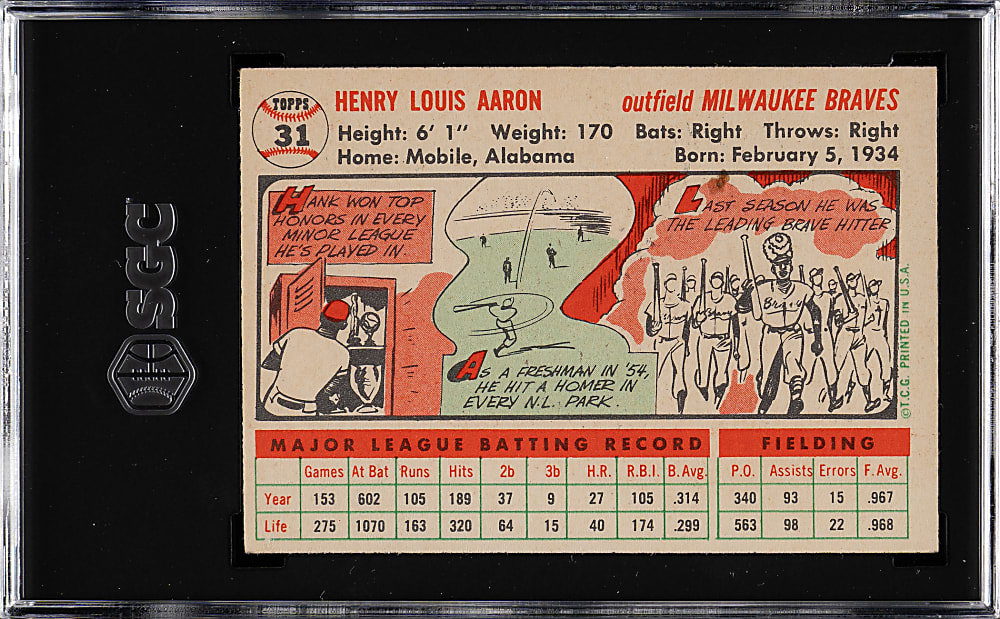 1956 Topps #31 Hank Aaron White Back SGC EX 5