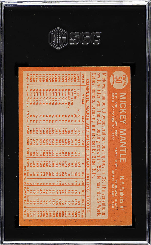 1964 Topps #50 Mickey Mantle SGC VG 3