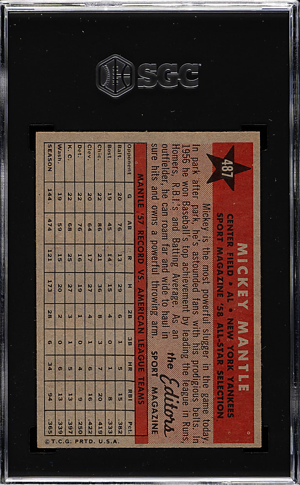 1958 Topps #487 Mickey Mantle All-Star SGC EX/NM 6