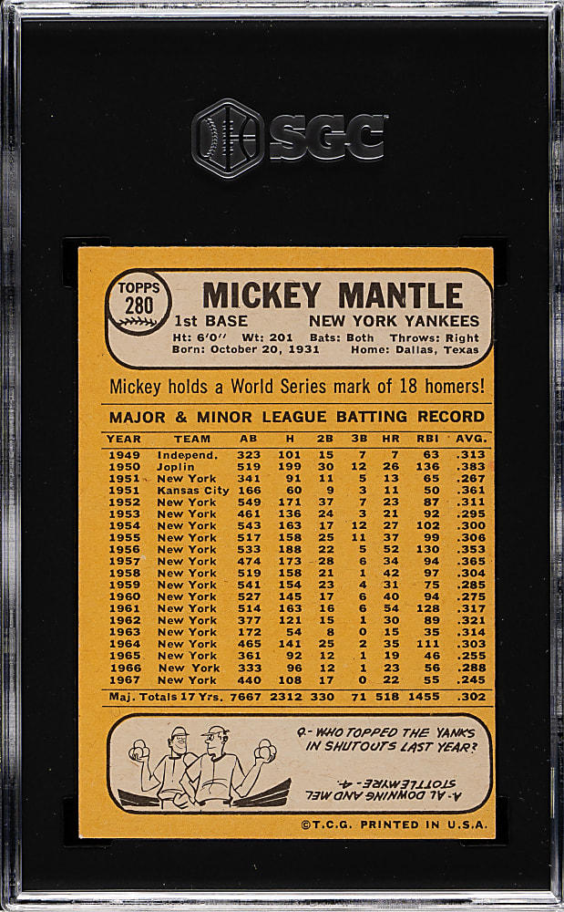 1968 Topps #280 Mickey Mantle SGC VG/EX 4