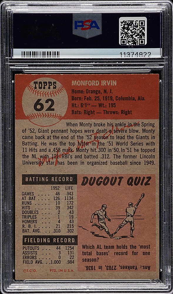 1953 Topps #62 Monte Irvin PSA NM 7