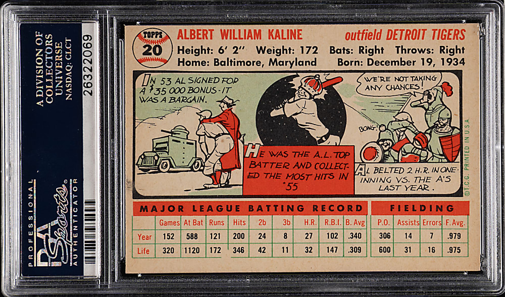 1956 Topps #20 Al Kaline White Back PSA NM 7