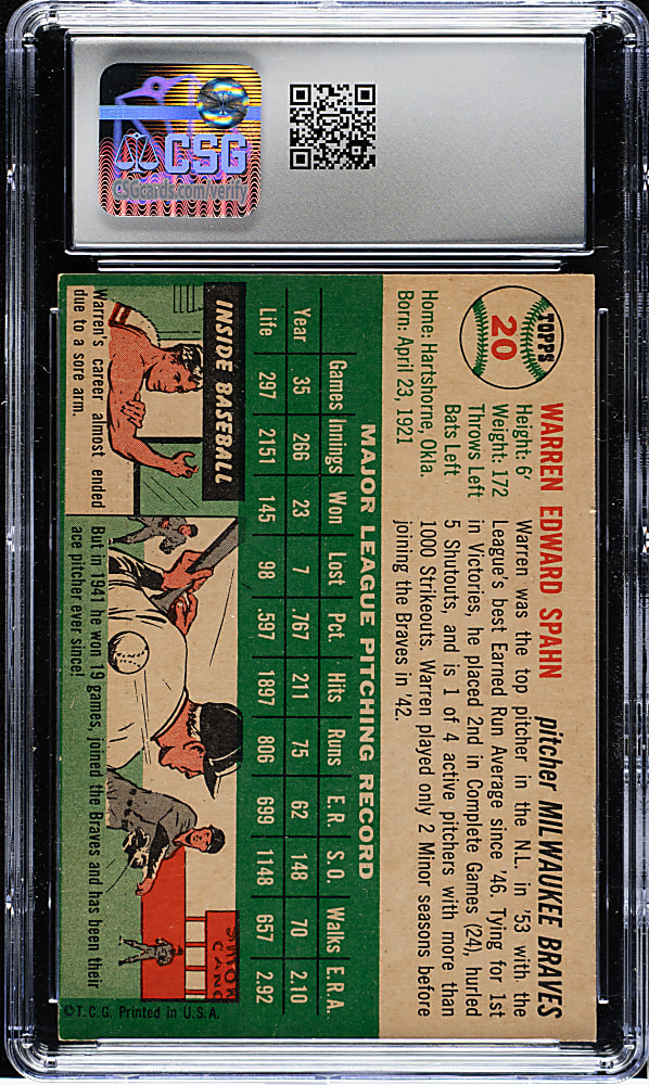 1954 Topps #20 Warren Spahn CSG EX/NM+ 6.5