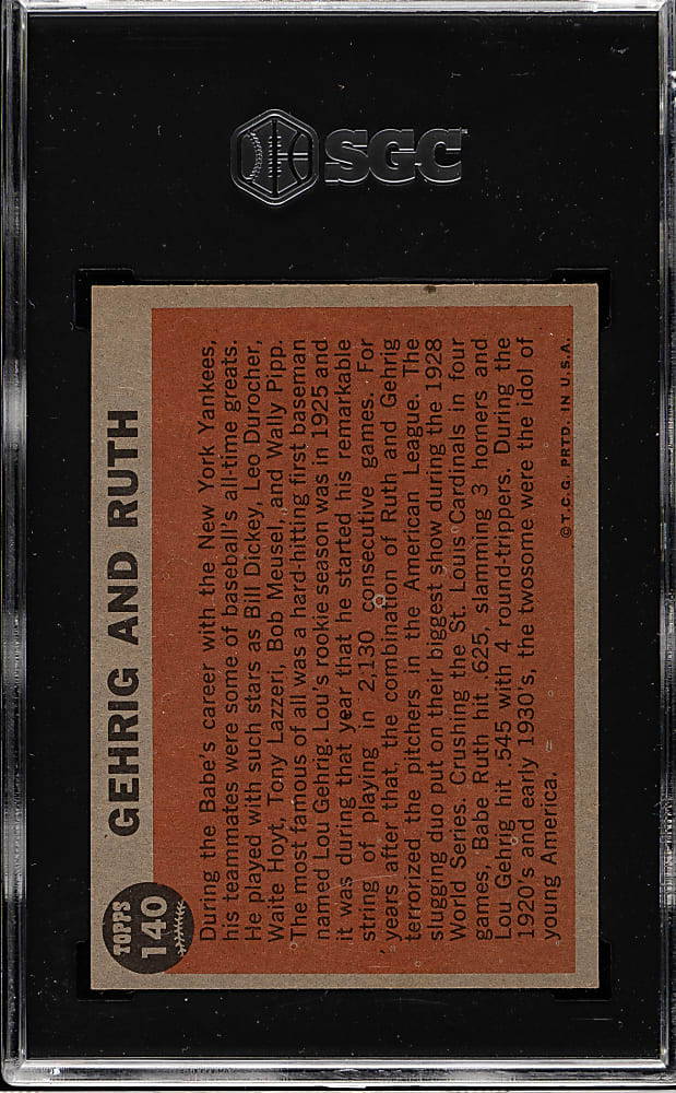 1962 Topps #140 Gehrig and Ruth Green Tint SGC NM 7