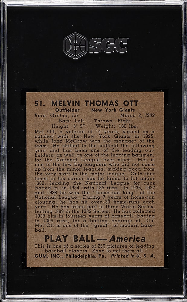 1939 R334 Play Ball #51 Mel Ott SGC NM 7