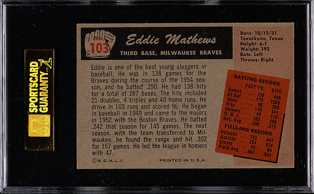 1955 Bowman #103 Eddie Mathews SGC NM+ 86