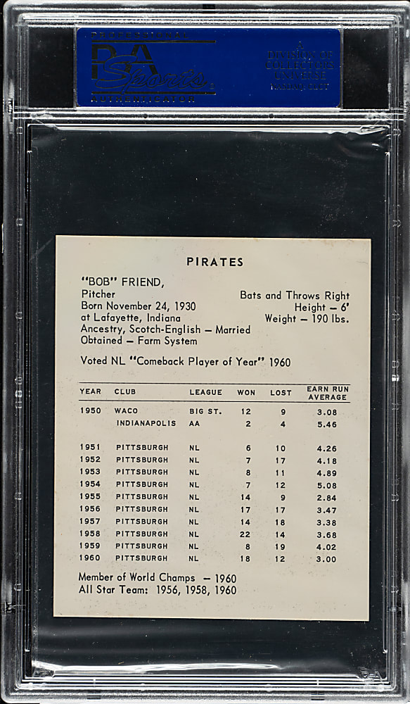 1961 Kahn's Wieners Bob Friend PSA NM-MT 8
