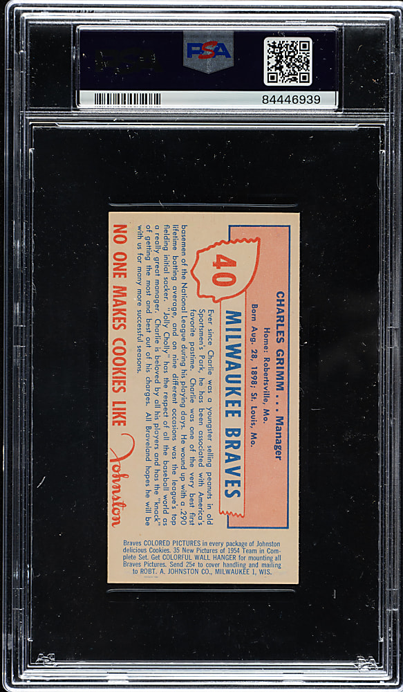 1954 Johnston Cookies #40 Charles Grimm PSA NM-MT 8