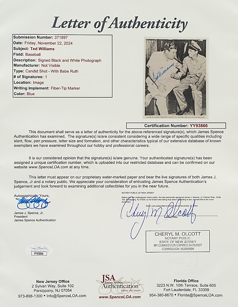 Ted Williams Signed Photograph - JSA