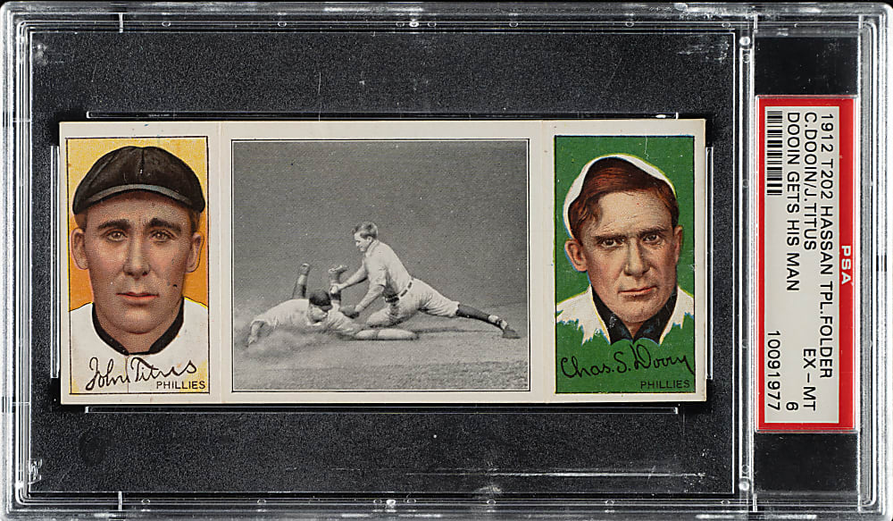 1912 T202 Hassan Triple Folder "Dooin Gets His Man" Dooin/Titus PSA EX-MT 6
