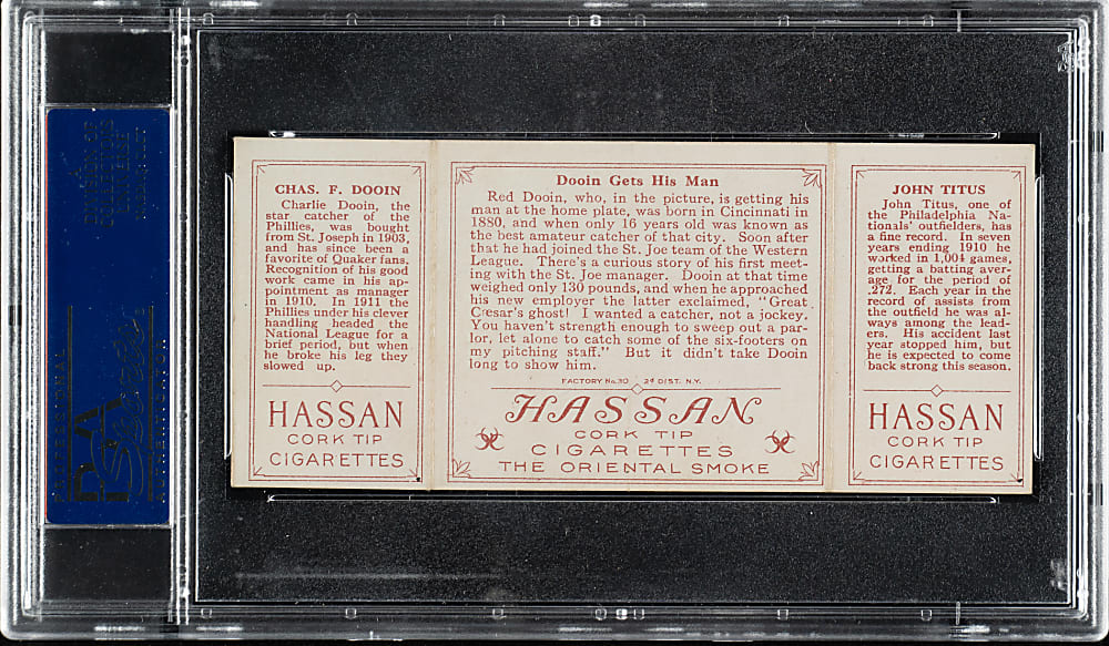 1912 T202 Hassan Triple Folder "Dooin Gets His Man" Dooin/Titus PSA EX-MT 6
