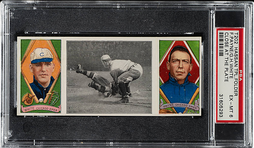 1912 T202 Hassan Triple Folder "Close At The Plate" White/Payne PSA EX-MT 6