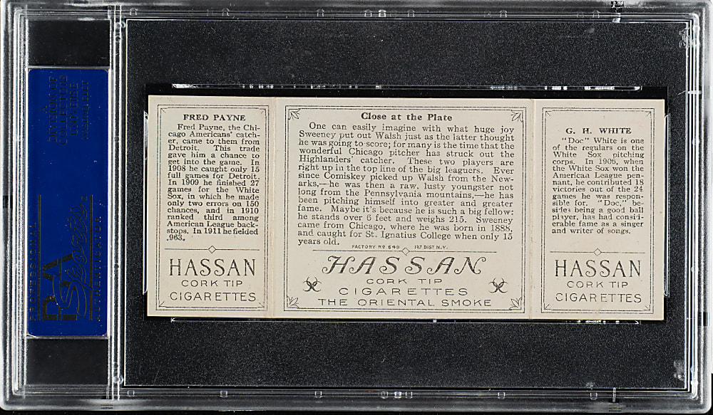 1912 T202 Hassan Triple Folder "Close At The Plate" White/Payne PSA EX-MT 6