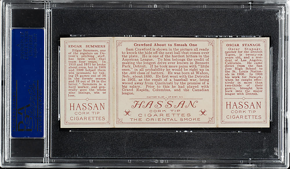 1912 T202 Hassan Triple Folder "Crawford About to Smash One" Summers/Stanage PSA EX-MT 6
