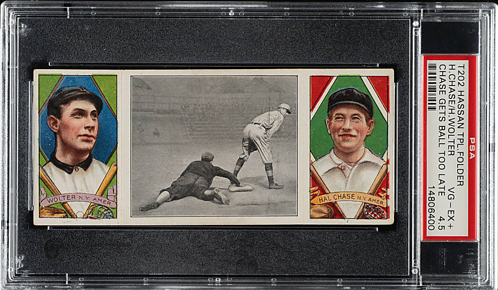 1912 T202 Hassan Triple Folder "Chase Gets Ball Too Late" Chase/Wolter PSA VG-EX+ 4.5