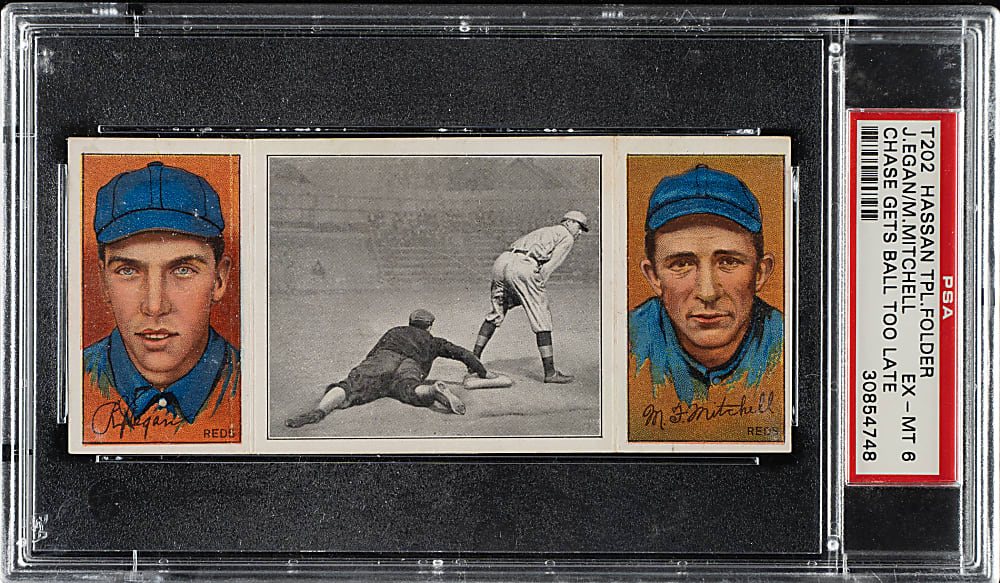 1912 T202 Hassan Triple Folder "Chase Gets Ball Too Late" Egan/Mitchell PSA EX-MT 6