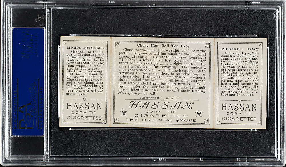 1912 T202 Hassan Triple Folder "Chase Gets Ball Too Late" Egan/Mitchell PSA EX-MT 6