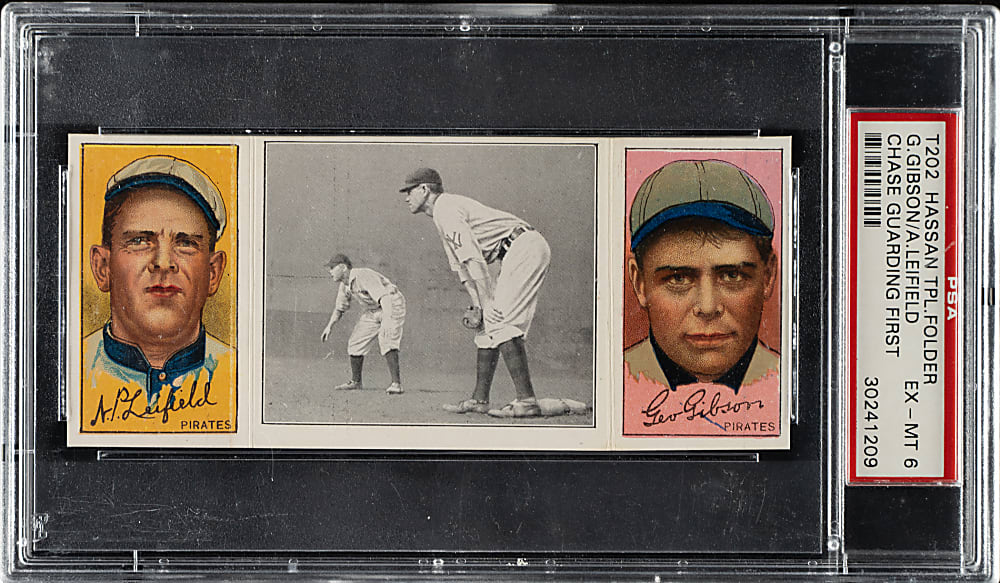 1912 T202 Hassan Triple Folder "Chase Guarding First" Gibson/Leifield PSA EX-MT 6