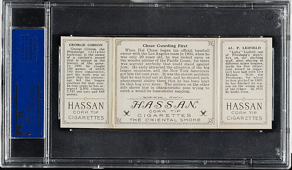 1912 T202 Hassan Triple Folder "Chase Guarding First" Gibson/Leifield PSA EX-MT 6