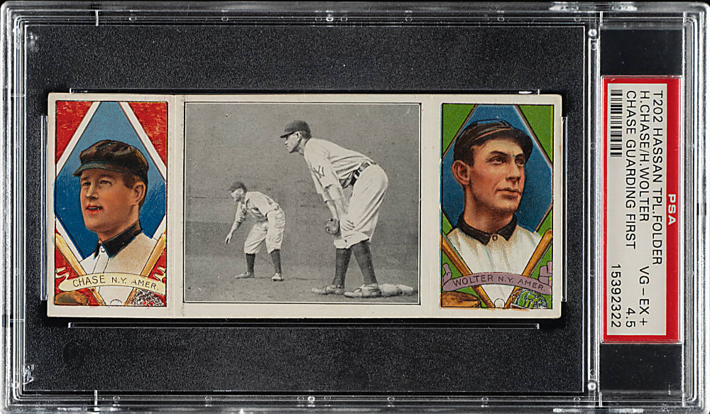 1912 T202 Hassan Triple Folder "Chase Guarding First" Hal Chase/Wolter PSA VG-EX+ 4.5