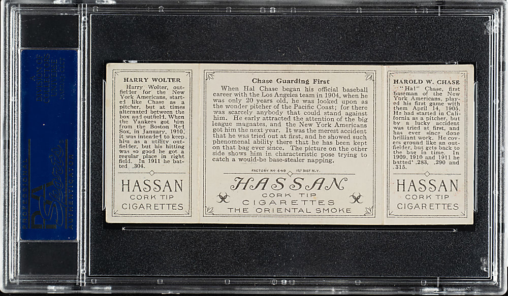1912 T202 Hassan Triple Folder "Chase Guarding First" Hal Chase/Wolter PSA VG-EX+ 4.5