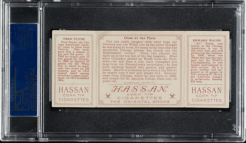 1912 T202 Hassan Triple Folder "Close At The Plate" Walsh/Payne PSA VG-EX+ 4.5
