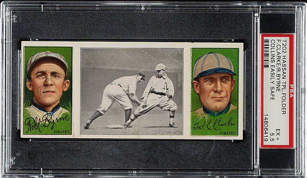 1912 T202 Hassan Triple Folder "Collins Easily Safe" Byrne/Fred Clarke PSA EX+ 5.5