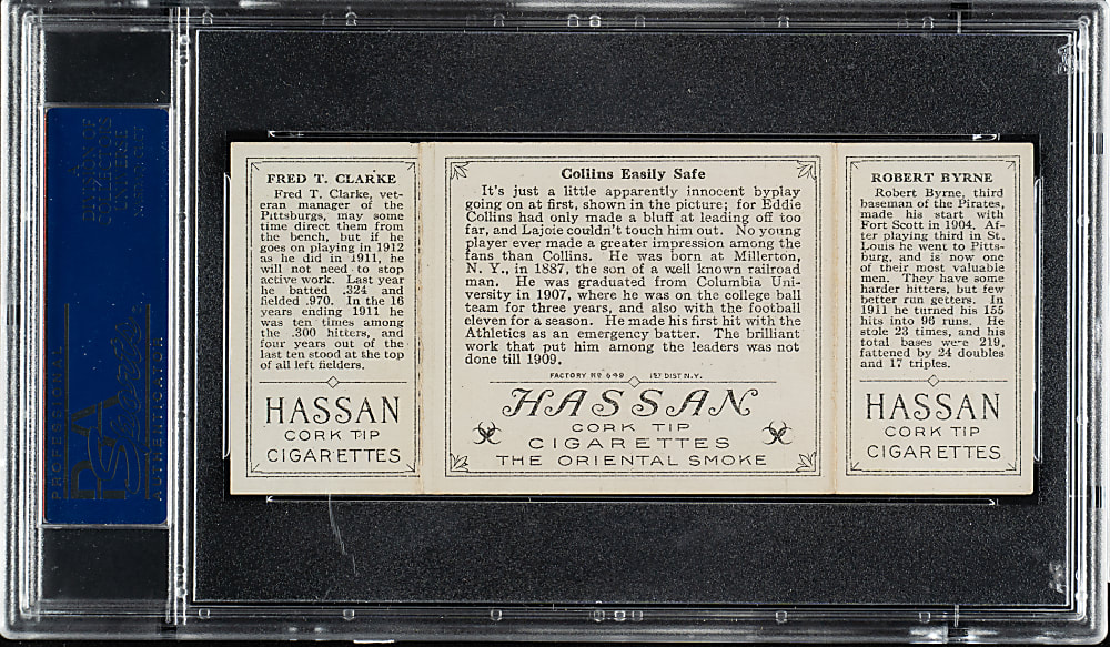 1912 T202 Hassan Triple Folder "Collins Easily Safe" Byrne/Fred Clarke PSA EX+ 5.5