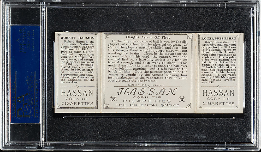 1912 T202 Hassan Triple Folder "Caught Asleep Off First" Roger Bresnahan/Harmon PSA EX-MT 6 (OC)