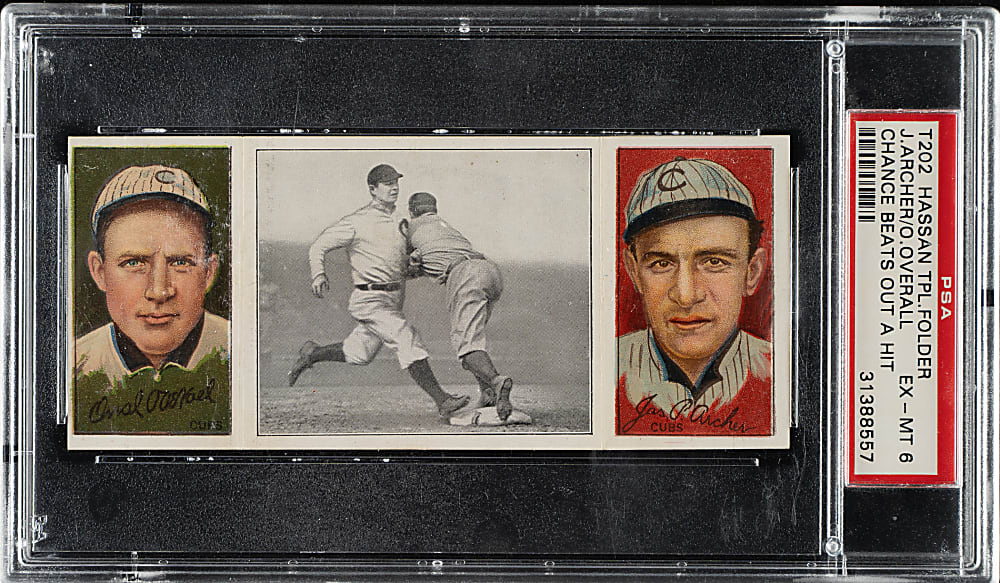 1912 T202 Hassan Triple Folder "Chance Beats Out a Hit" Overall/Archer PSA EX-MT 6