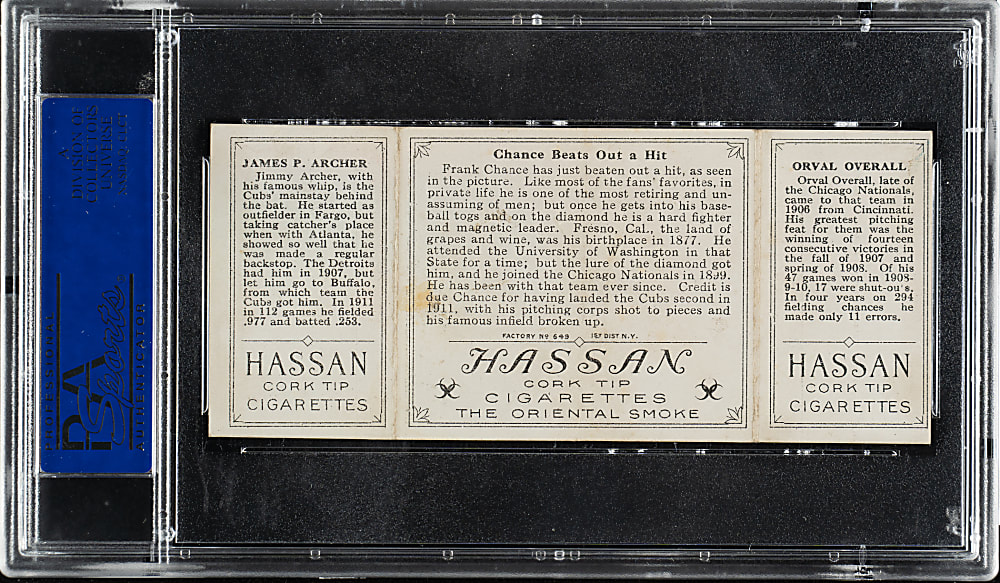 1912 T202 Hassan Triple Folder "Chance Beats Out a Hit" Overall/Archer PSA EX-MT 6