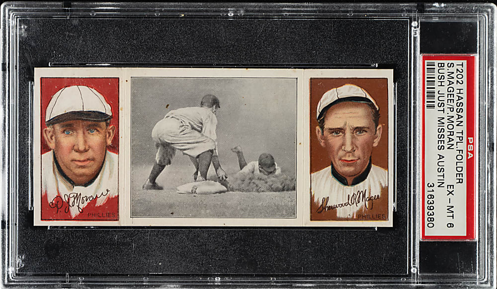 1912 T202 Hassan Triple Folder "Bush Just Misses Austin" Moran/Magee PSA EX-MT 6