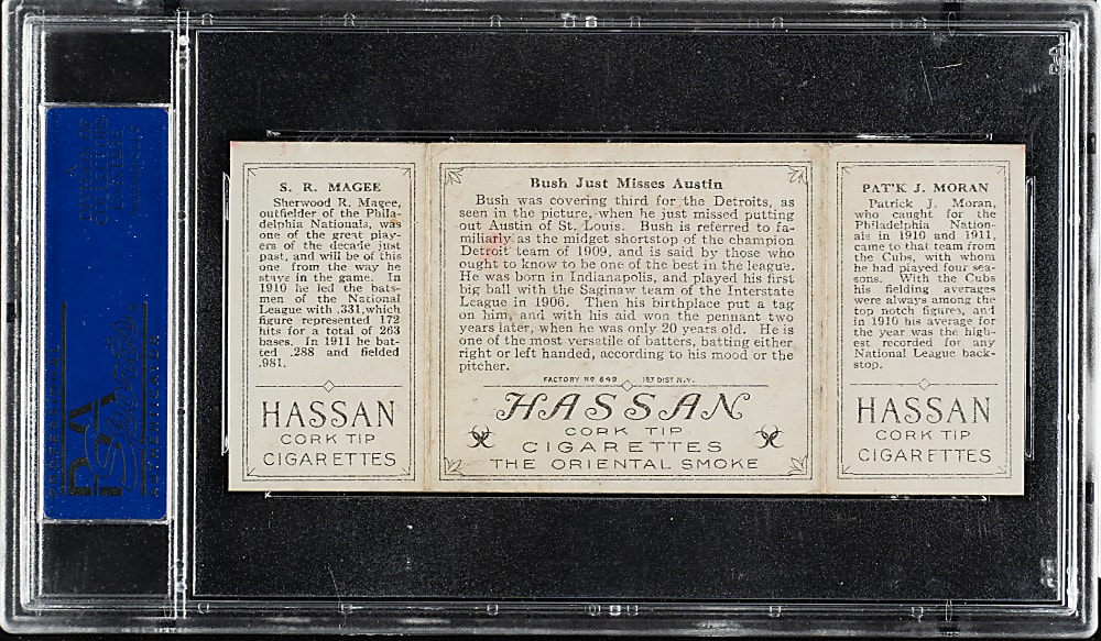 1912 T202 Hassan Triple Folder "Bush Just Misses Austin" Moran/Magee PSA EX-MT 6