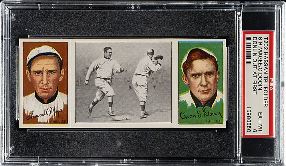 1912 T202 Hassan Triple Folder "Donlin Out at First" Dooin/Magee PSA EX-MT 6